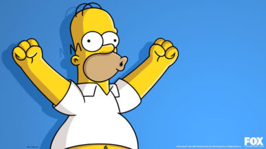 Homer Simpson holding both arms up shouting woo hoo