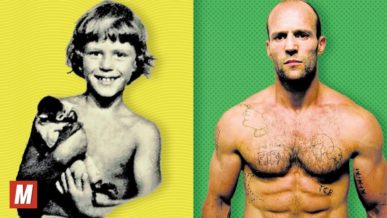 Jason Statham comparison pic left side shows him as a boy right side shows him present day both shirtless