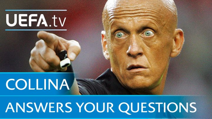 Pierluigi Collina totally bald Italian Football Referee pointing while holding whistle