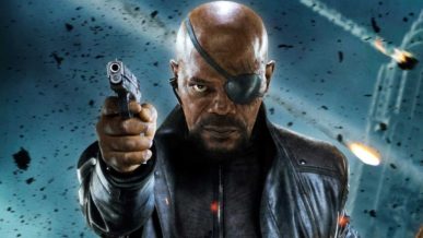 Samuel L Jackson African American actor scene from movie appears bald wearing eye patch and pointing gun